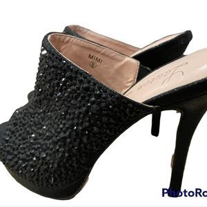 Lauren Lorraine black crystal high heel mules